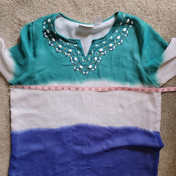 Alfred Dunner Colorblock Blouse Embellished Beaded Neck Blue Green White Size 14 - Picture 9 of 10